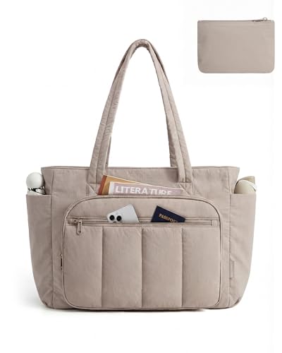 Liore Bags Quilted Puffer Tote Bag Set - 2-Piece Zipper Handbag & Matching Pouch for Work, Travel & College (Camel)