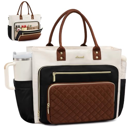 Liore Bags Professional Laptop Tote Bag for Women - 15.6" Work Briefcase with 40oz Cup Holder (Black/Beige/Brown)