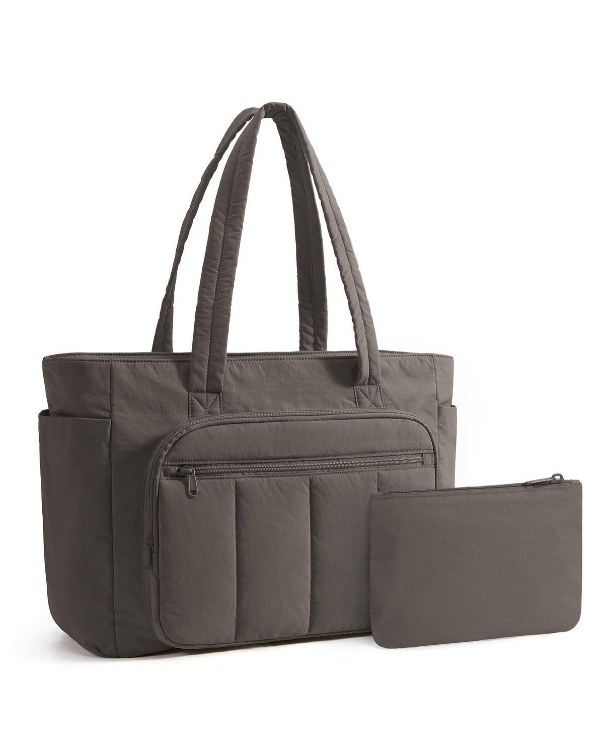 Liore Bags Quilted Puffer Tote Bag Set - 2-Piece Zipper Handbag & Matching Pouch for Work, Travel & College (Camel)