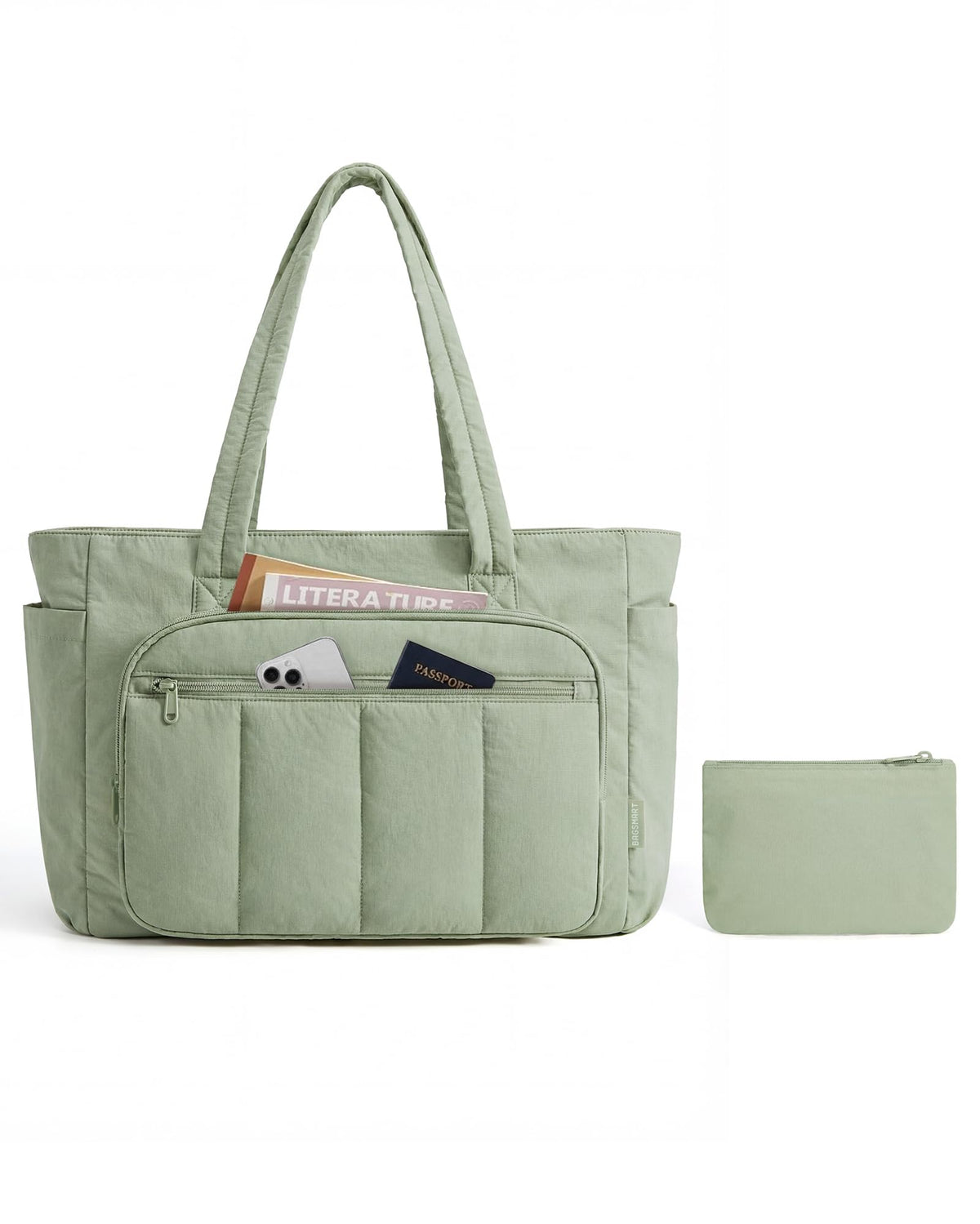 Liore Bags Quilted Puffer Tote Bag Set - 2-Piece Zipper Handbag & Matching Pouch for Work, Travel & College (Camel)