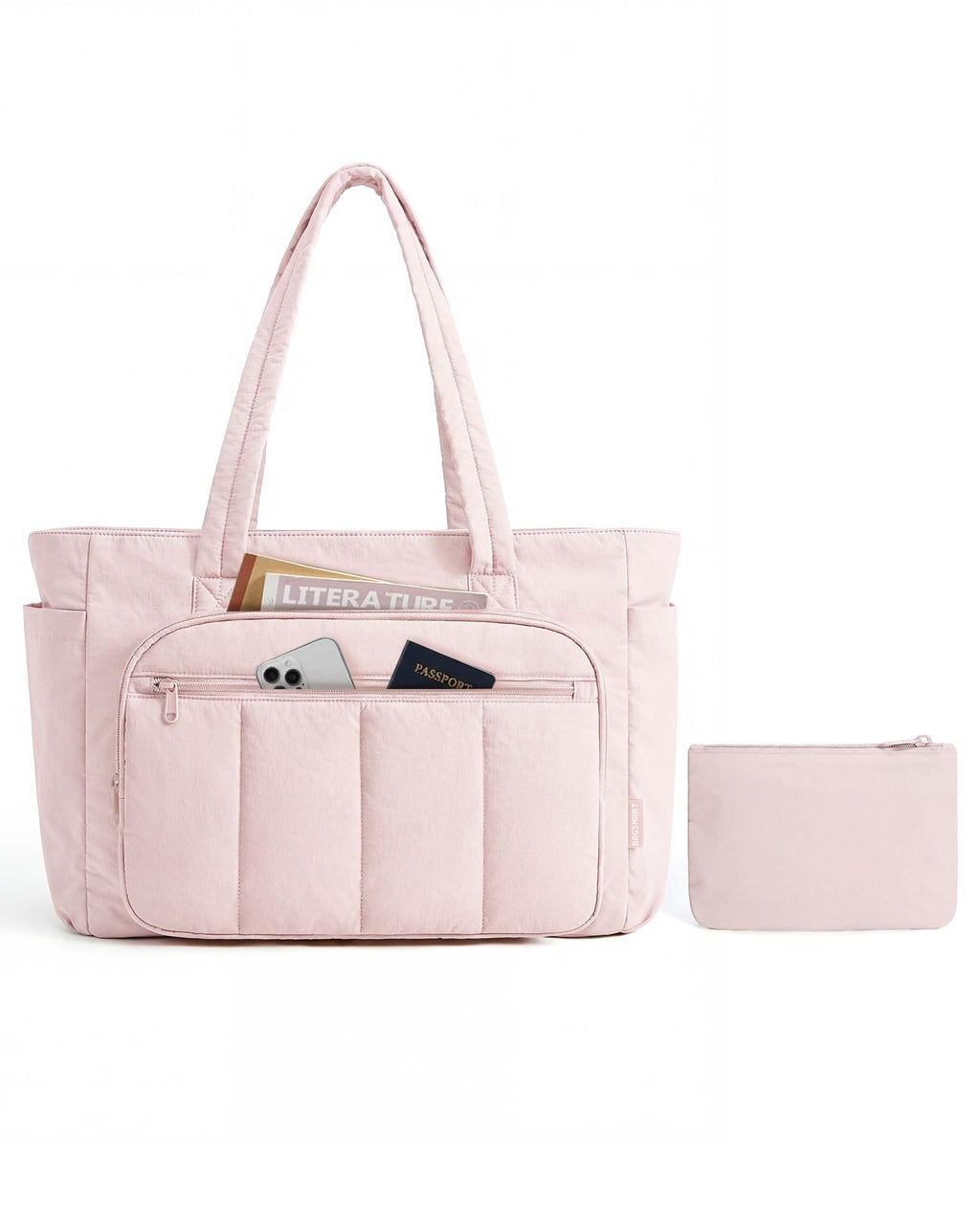Liore Bags Quilted Puffer Tote Bag Set - 2-Piece Zipper Handbag & Matching Pouch for Work, Travel & College (Camel)