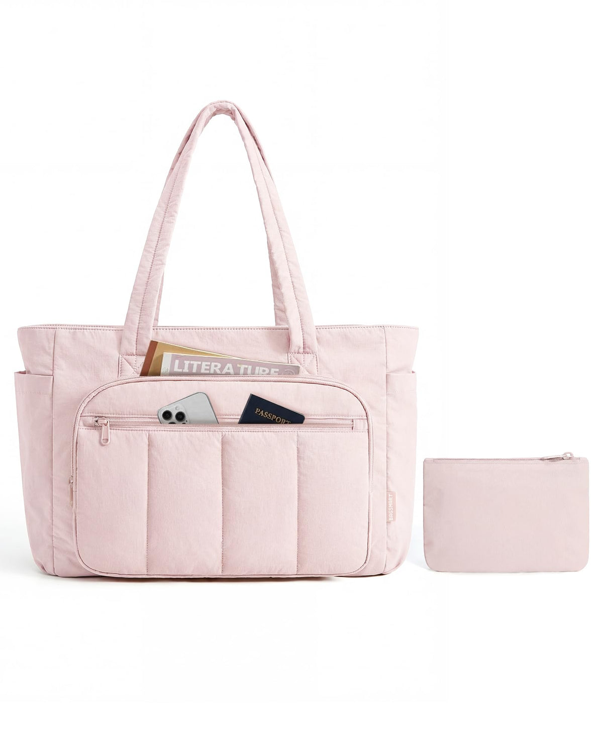 Liore Bags Quilted Puffer Tote Bag Set - 2-Piece Zipper Handbag & Matching Pouch for Work, Travel & College (Camel)