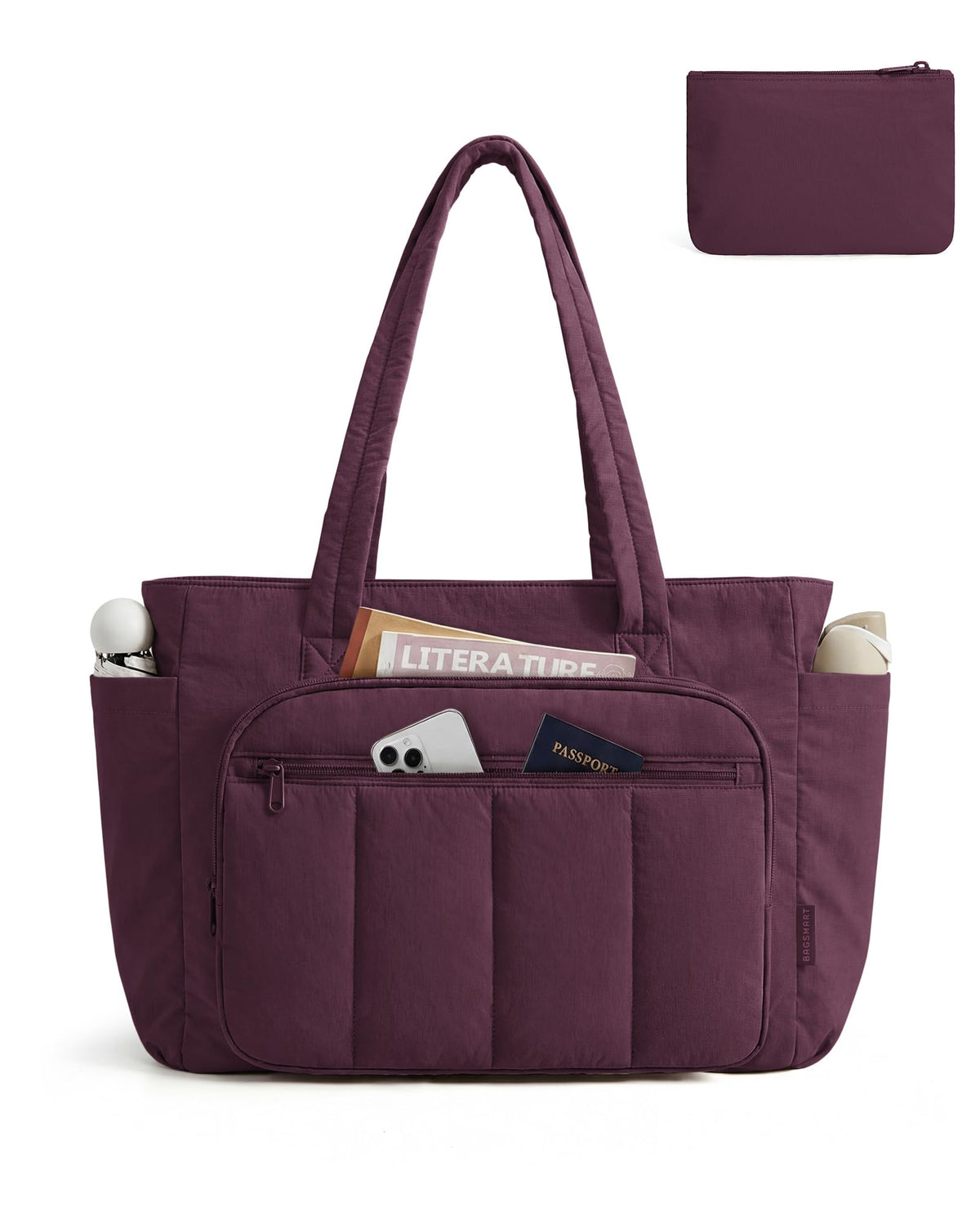 Liore Bags Quilted Puffer Tote Bag Set - 2-Piece Zipper Handbag & Matching Pouch for Work, Travel & College (Camel)