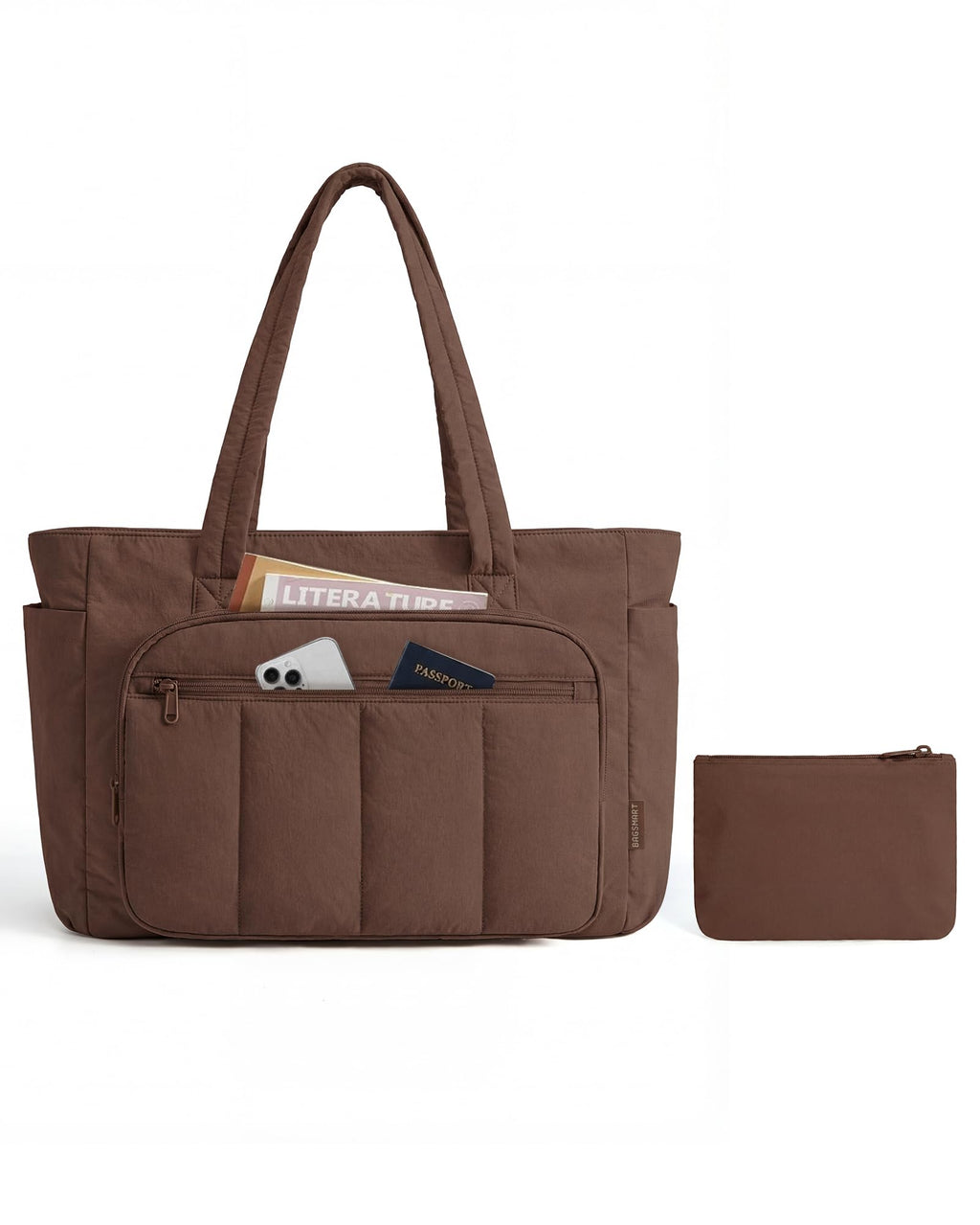 Liore Bags Quilted Puffer Tote Bag Set - 2-Piece Zipper Handbag & Matching Pouch for Work, Travel & College (Camel)