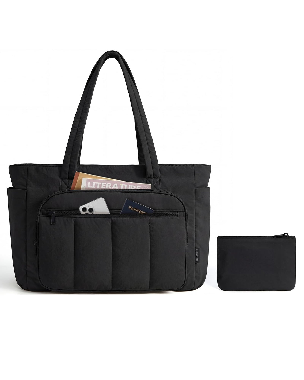 Liore Bags Quilted Puffer Tote Bag Set - 2-Piece Zipper Handbag & Matching Pouch for Work, Travel & College (Camel)