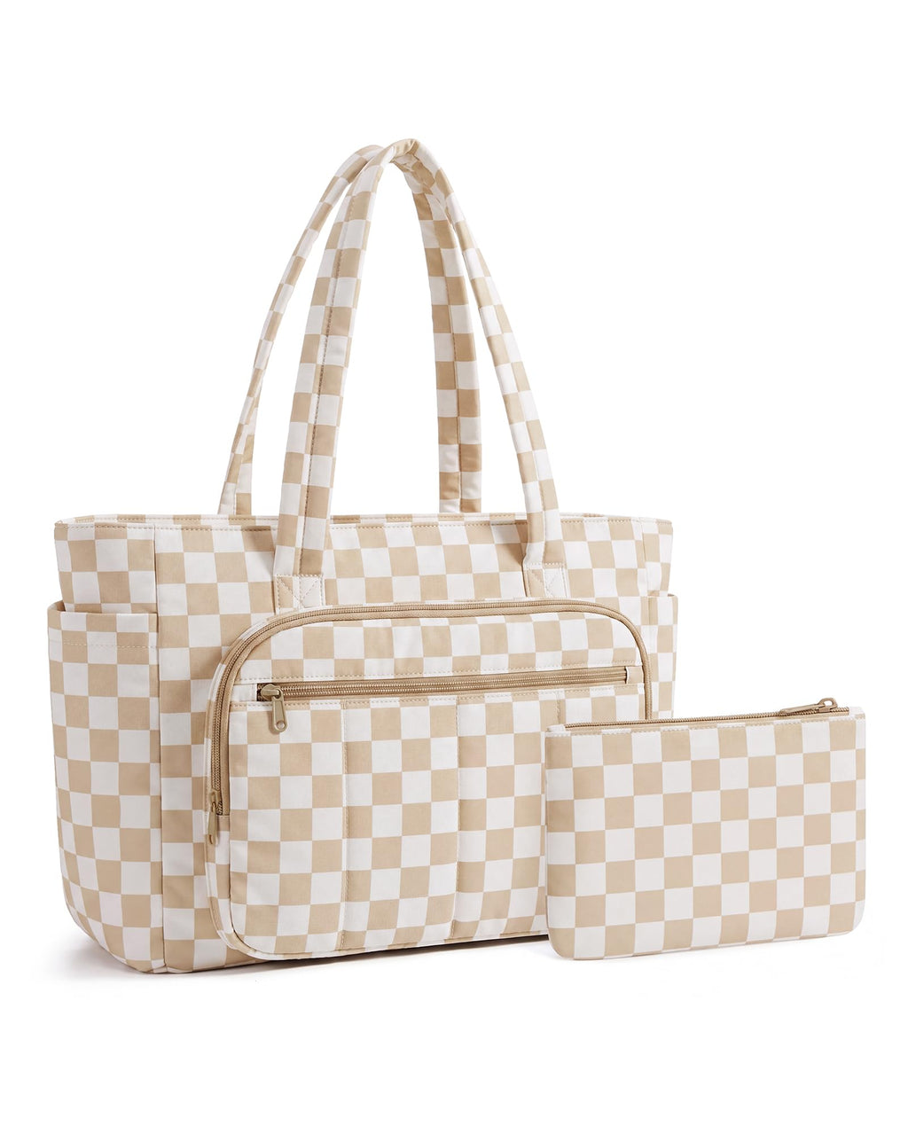 Liore Bags Quilted Puffer Tote Bag Set - 2-Piece Zipper Handbag & Matching Pouch for Work, Travel & College (Camel)