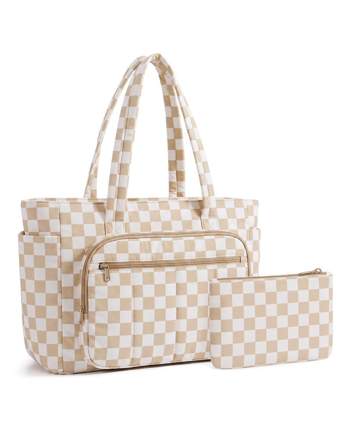 Liore Bags Quilted Puffer Tote Bag Set - 2-Piece Zipper Handbag & Matching Pouch for Work, Travel & College (Camel)