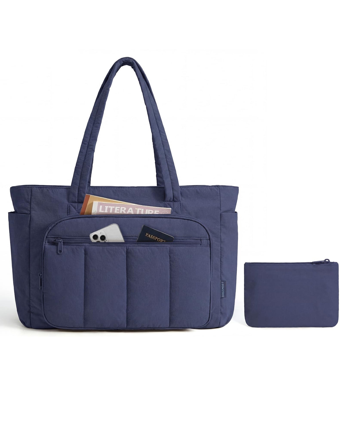 Liore Bags Quilted Puffer Tote Bag Set - 2-Piece Zipper Handbag & Matching Pouch for Work, Travel & College (Camel)