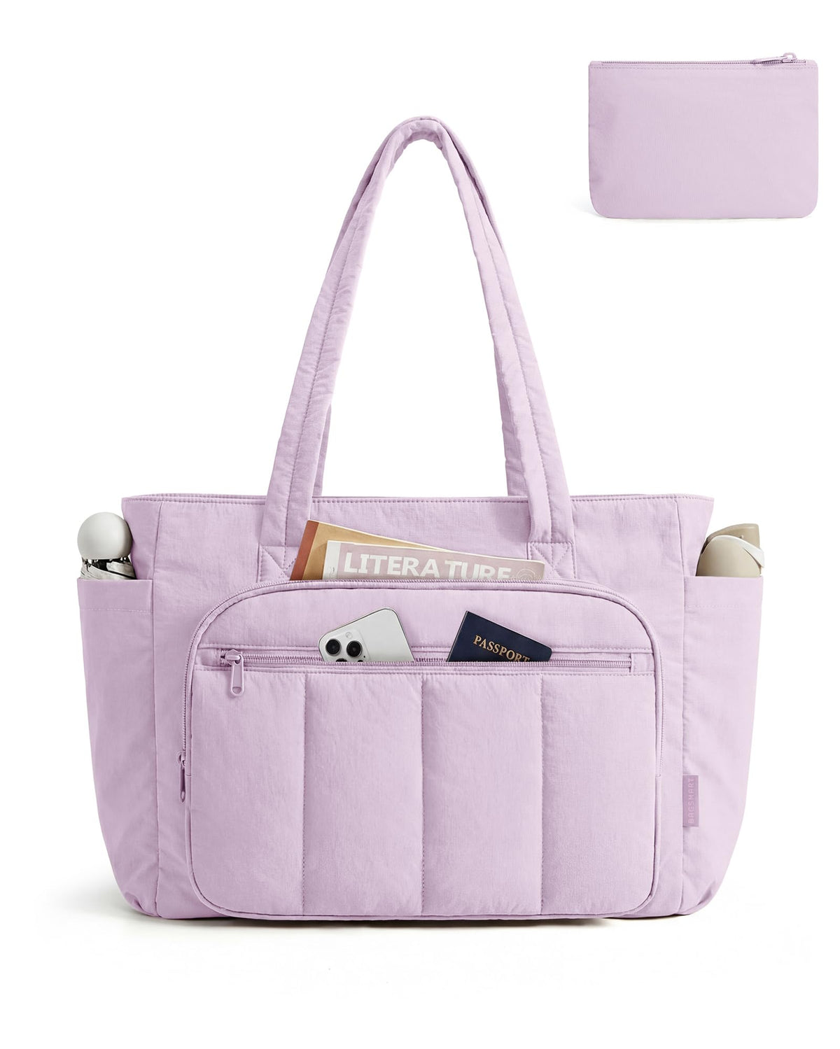 Liore Bags Quilted Puffer Tote Bag Set - 2-Piece Zipper Handbag & Matching Pouch for Work, Travel & College (Camel)
