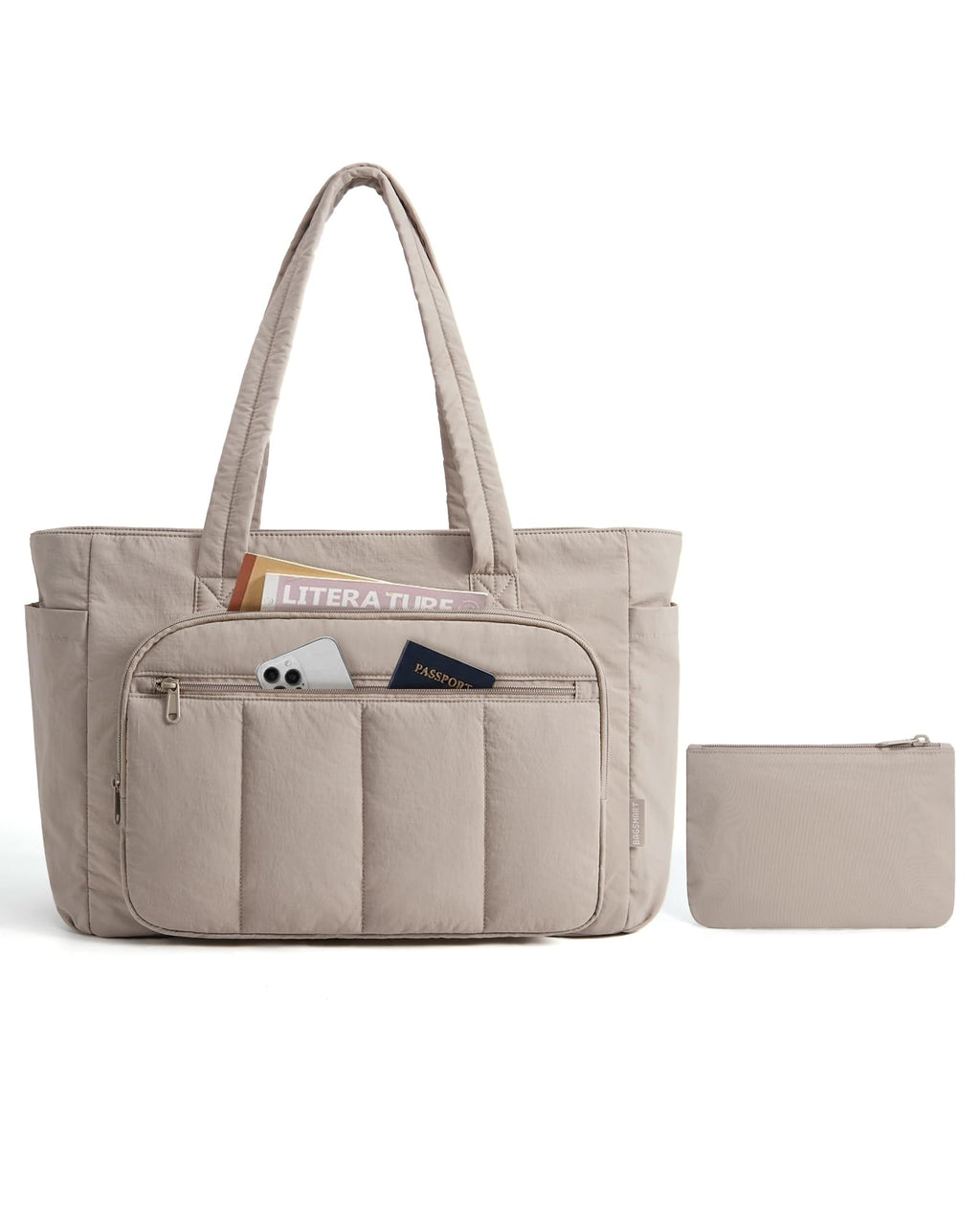 Liore Bags Quilted Puffer Tote Bag Set - 2-Piece Zipper Handbag & Matching Pouch for Work, Travel & College (Camel)