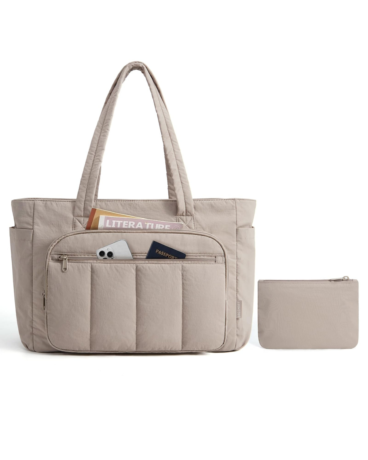 Liore Bags Quilted Puffer Tote Bag Set - 2-Piece Zipper Handbag & Matching Pouch for Work, Travel & College (Camel)