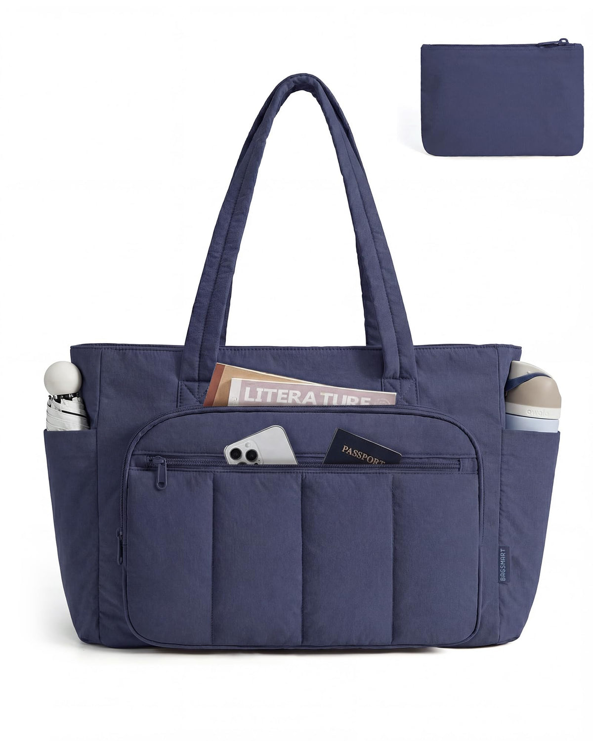 Liore Bags Quilted Puffer Tote Bag Set - 2-Piece Zipper Handbag & Matching Pouch for Work, Travel & College (Camel)