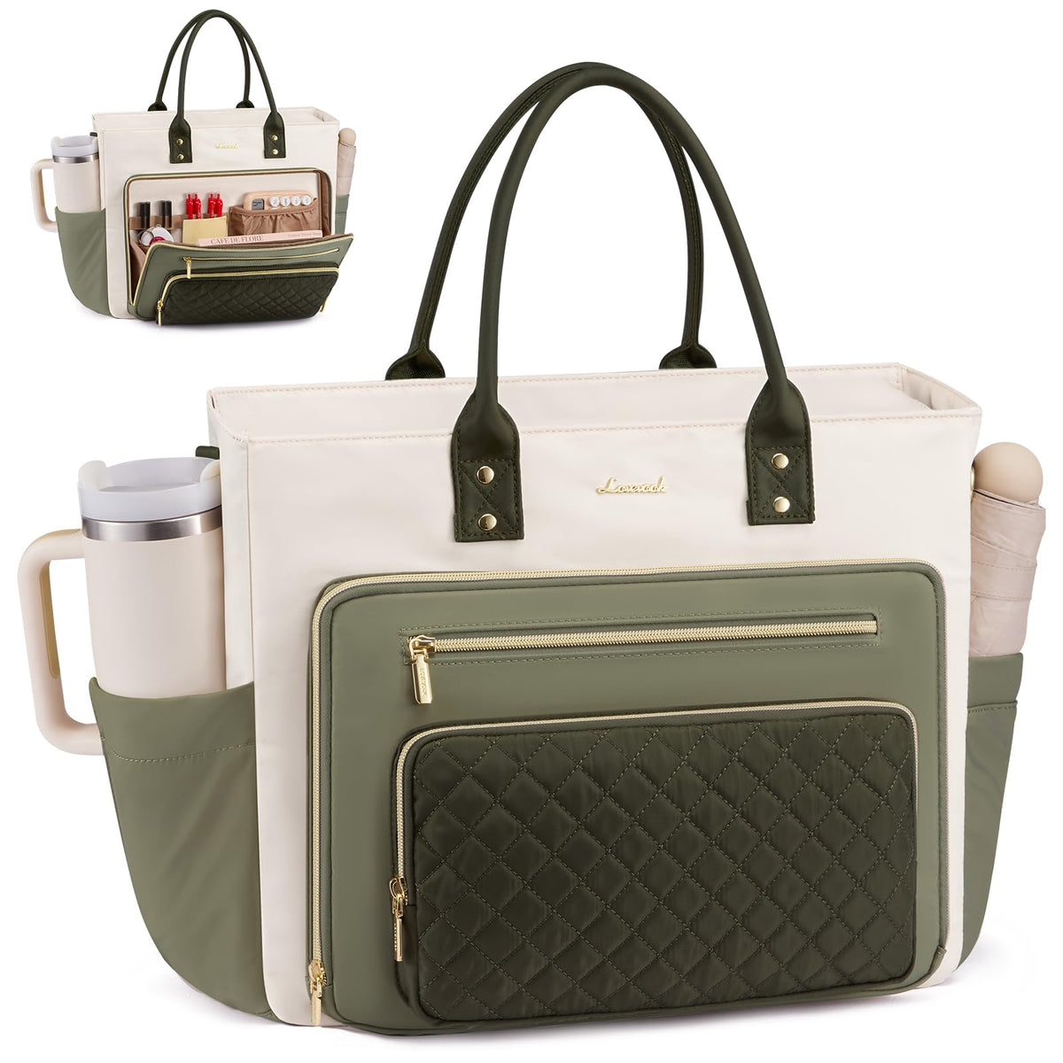 Liore Bags Professional Laptop Tote Bag for Women - 15.6" Work Briefcase with 40oz Cup Holder (Black/Beige/Brown)