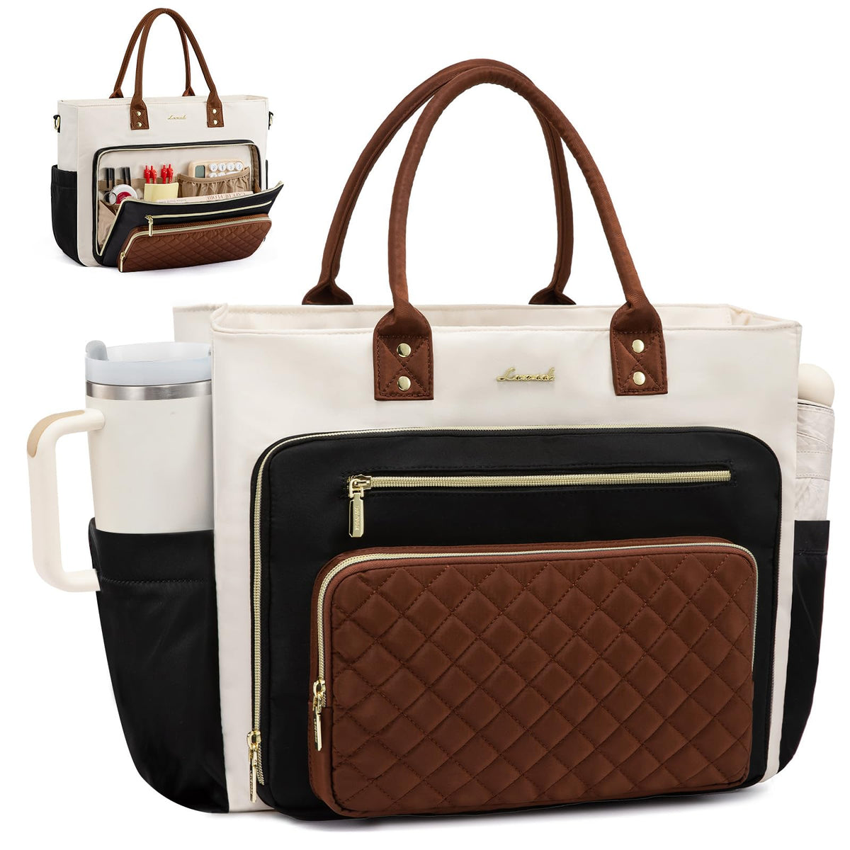 Liore Bags Professional Laptop Tote Bag for Women - 15.6" Work Briefcase with 40oz Cup Holder (Black/Beige/Brown)