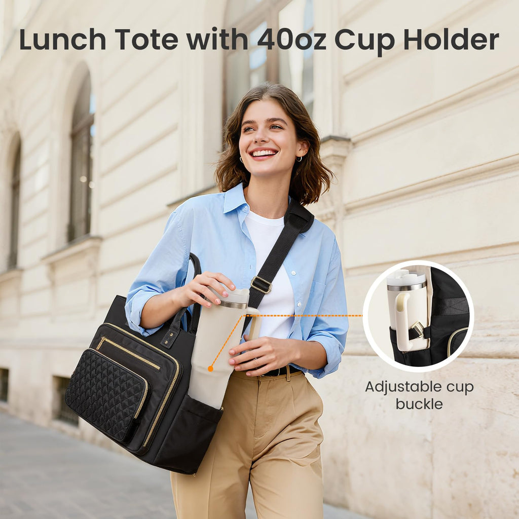 Liore Bags Professional Laptop Tote Bag for Women - 15.6" Work Briefcase with 40oz Cup Holder (Black/Beige/Brown)