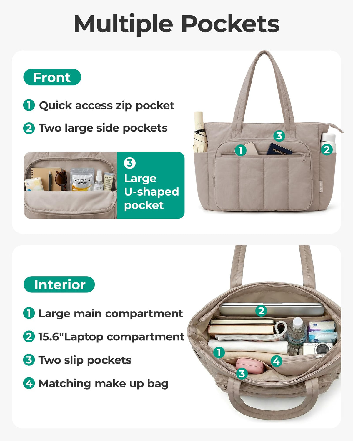 Liore Bags Quilted Puffer Tote Bag Set - 2-Piece Zipper Handbag & Matching Pouch for Work, Travel & College (Camel)