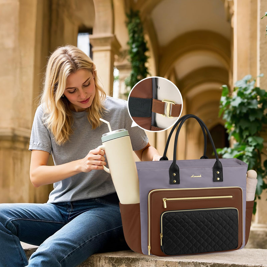 Liore Bags Professional Laptop Tote Bag for Women - 15.6" Work Briefcase with 40oz Cup Holder (Black/Beige/Brown)