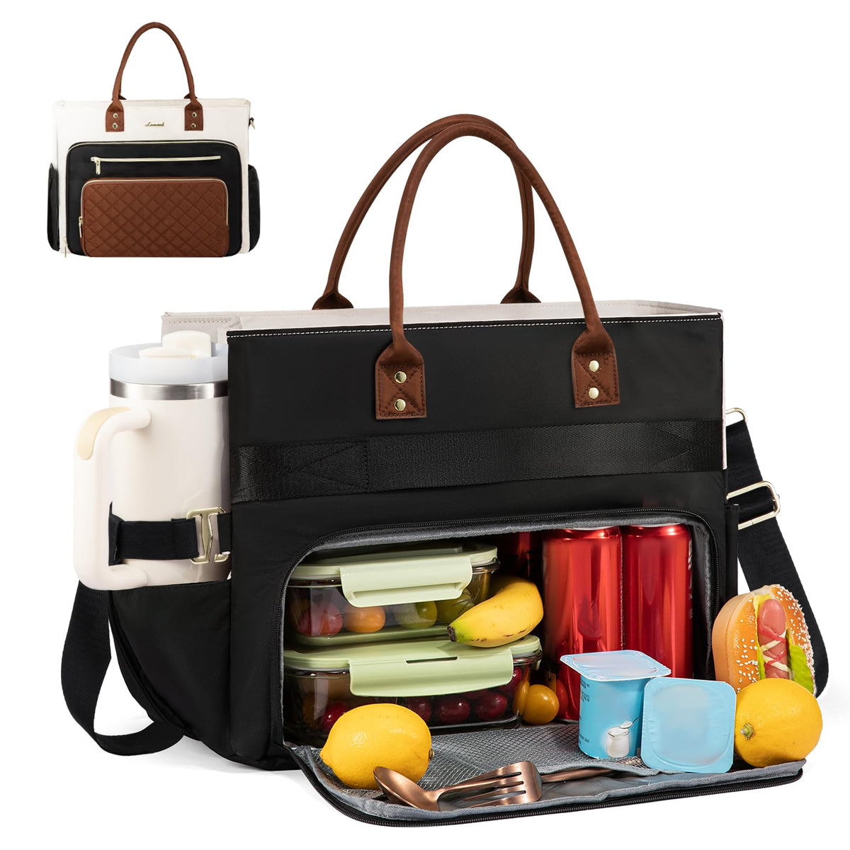 Liore Bags Professional Laptop Tote Bag for Women - 15.6" Work Briefcase with 40oz Cup Holder (Black/Beige/Brown)