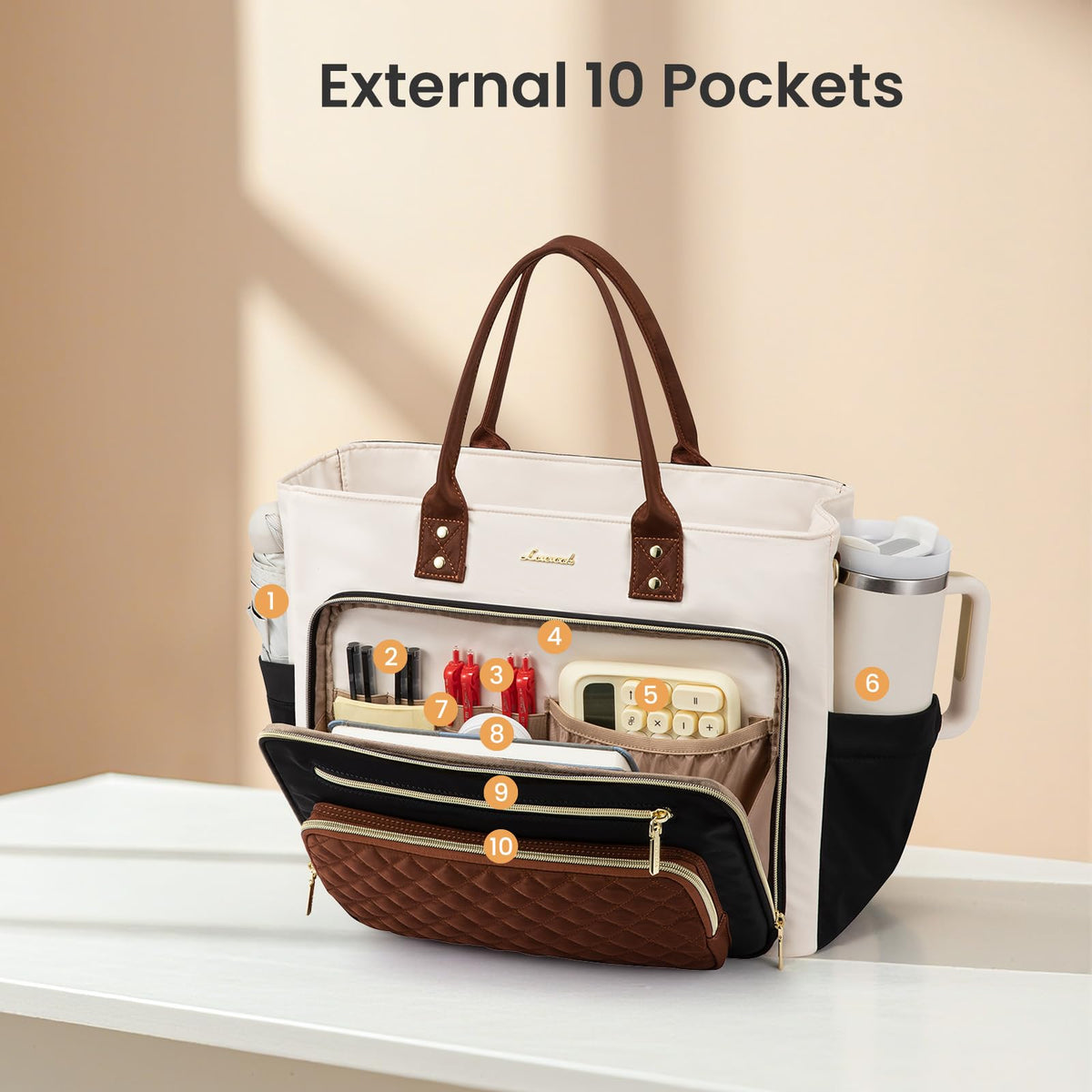 Liore Bags Professional Laptop Tote Bag for Women - 15.6" Work Briefcase with 40oz Cup Holder (Black/Beige/Brown)