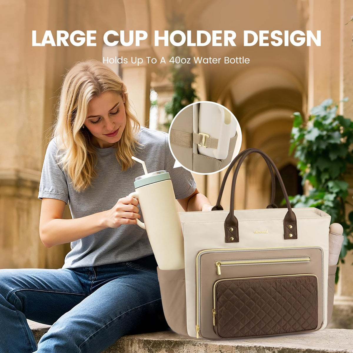 Liore Bags Professional Laptop Tote Bag for Women - 15.6" Work Briefcase with 40oz Cup Holder (Black/Beige/Brown)
