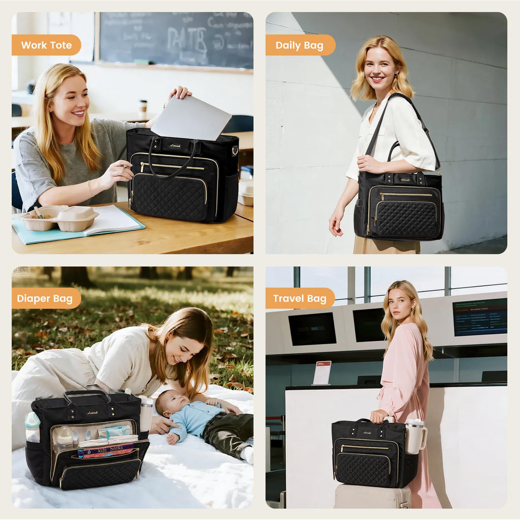 Liore Bags Professional Laptop Tote Bag for Women - 15.6" Work Briefcase with 40oz Cup Holder (Black/Beige/Brown)