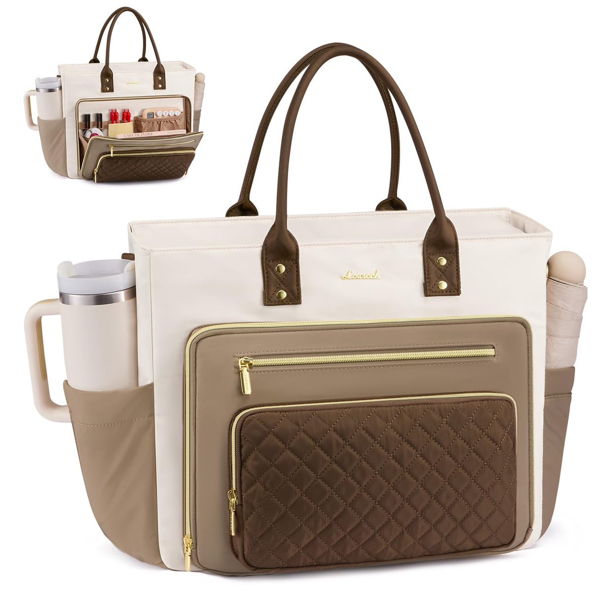 Liore Bags Professional Laptop Tote Bag for Women - 15.6" Work Briefcase with 40oz Cup Holder (Black/Beige/Brown)