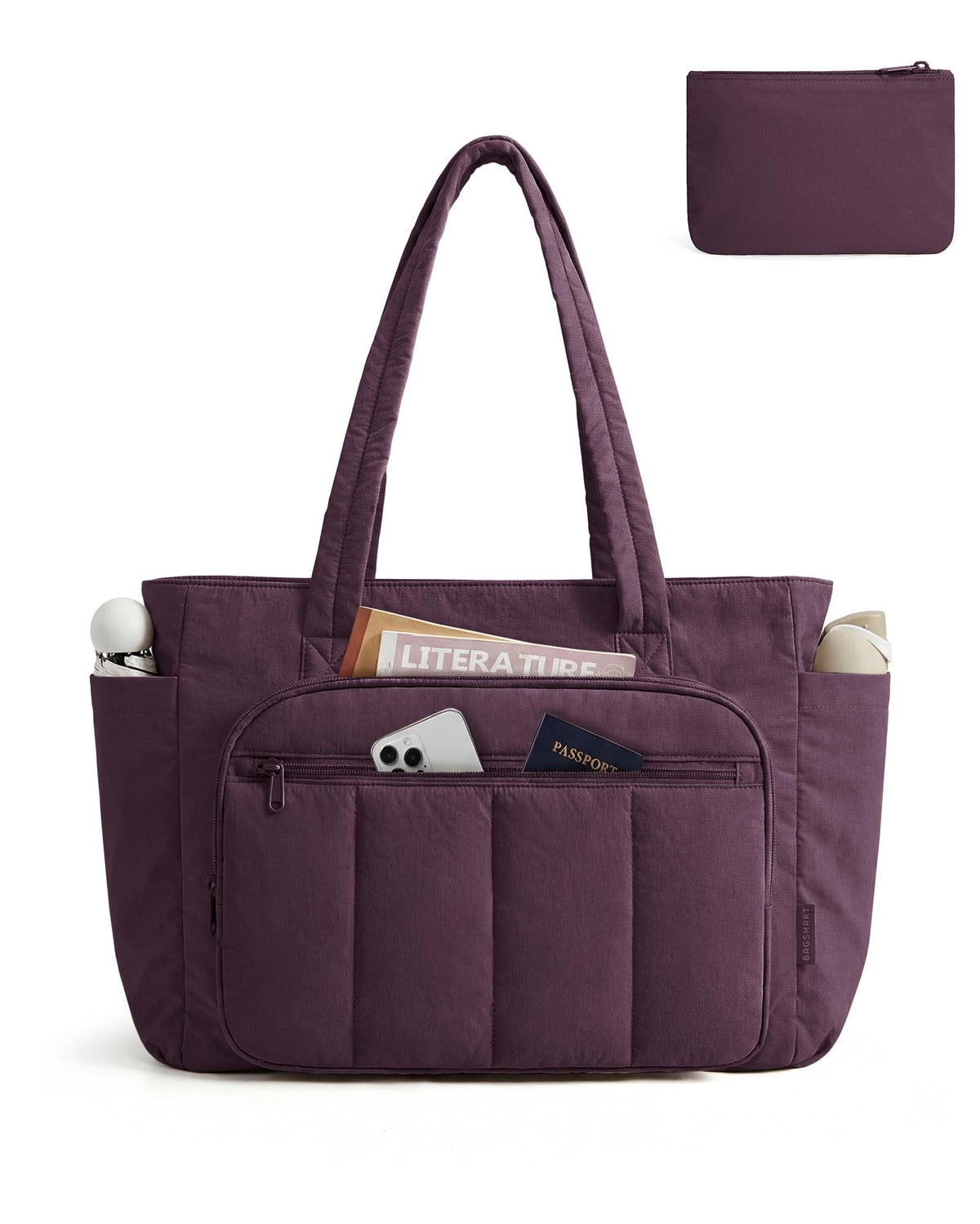 Liore Bags Quilted Puffer Tote Bag Set - 2-Piece Zipper Handbag & Matching Pouch for Work, Travel & College (Camel)