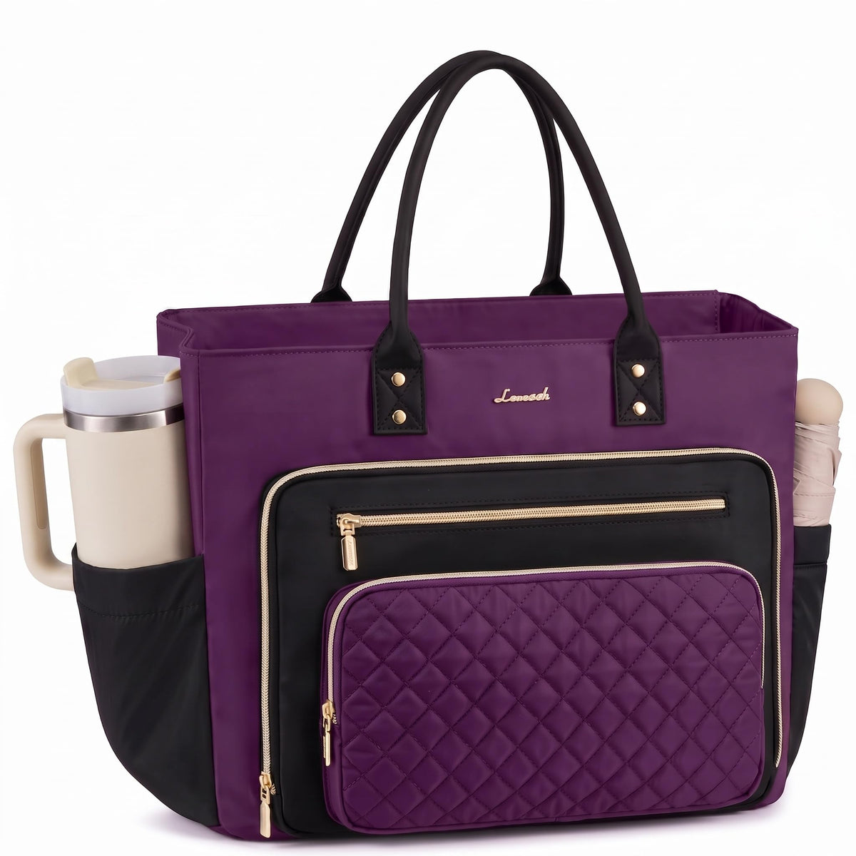 Liore Bags Professional Laptop Tote Bag for Women - 15.6" Work Briefcase with 40oz Cup Holder (Black/Beige/Brown)