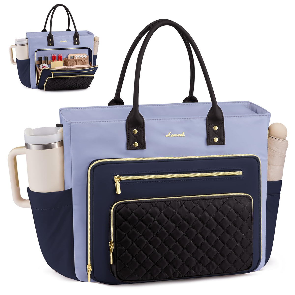 Liore Bags Professional Laptop Tote Bag for Women - 15.6" Work Briefcase with 40oz Cup Holder (Black/Beige/Brown)