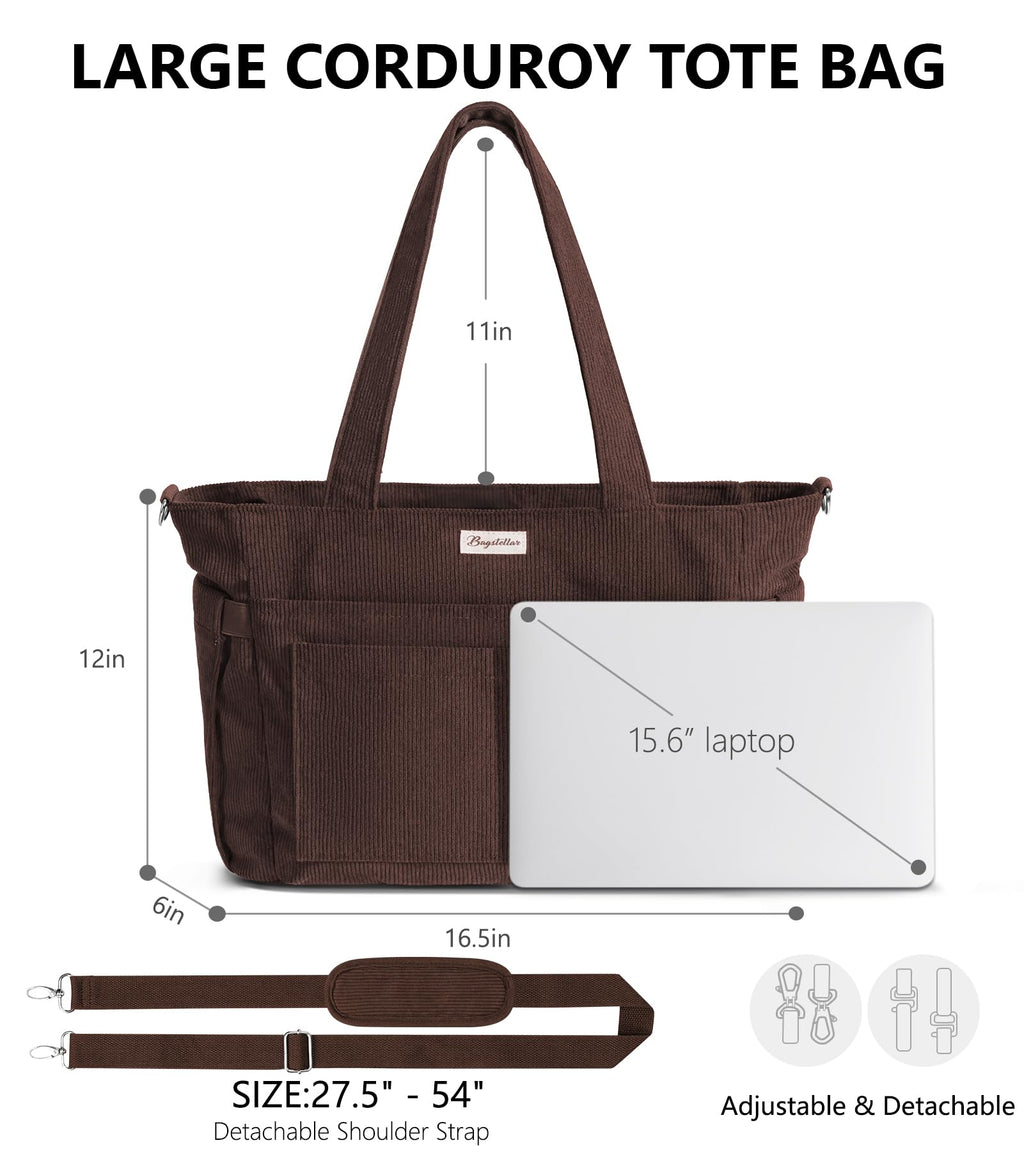 Liore Bags Premium Corduroy Tote Bag - 17-Pocket Laptop & Work Crossbody Purse for Women