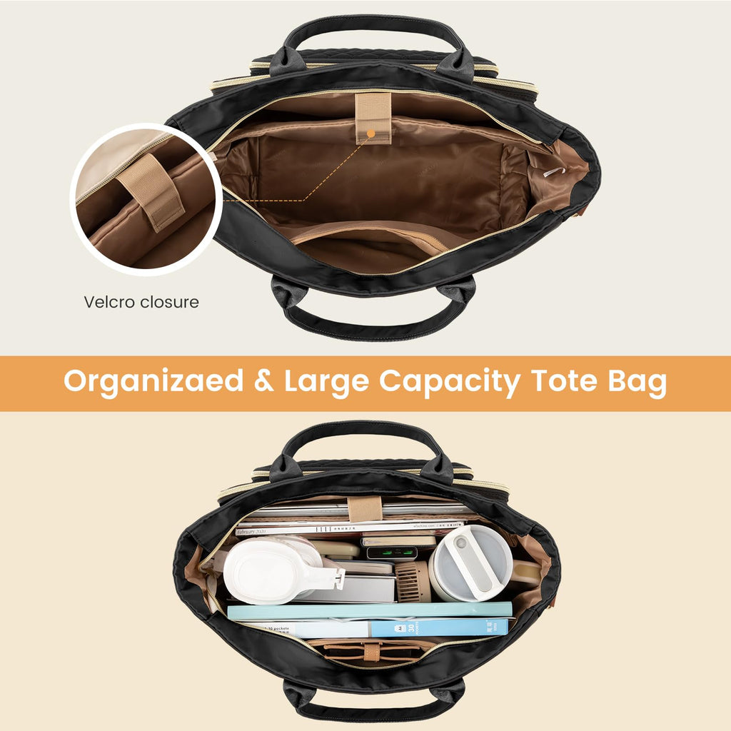 Liore Bags Professional Laptop Tote Bag for Women - 15.6" Work Briefcase with 40oz Cup Holder (Black/Beige/Brown)