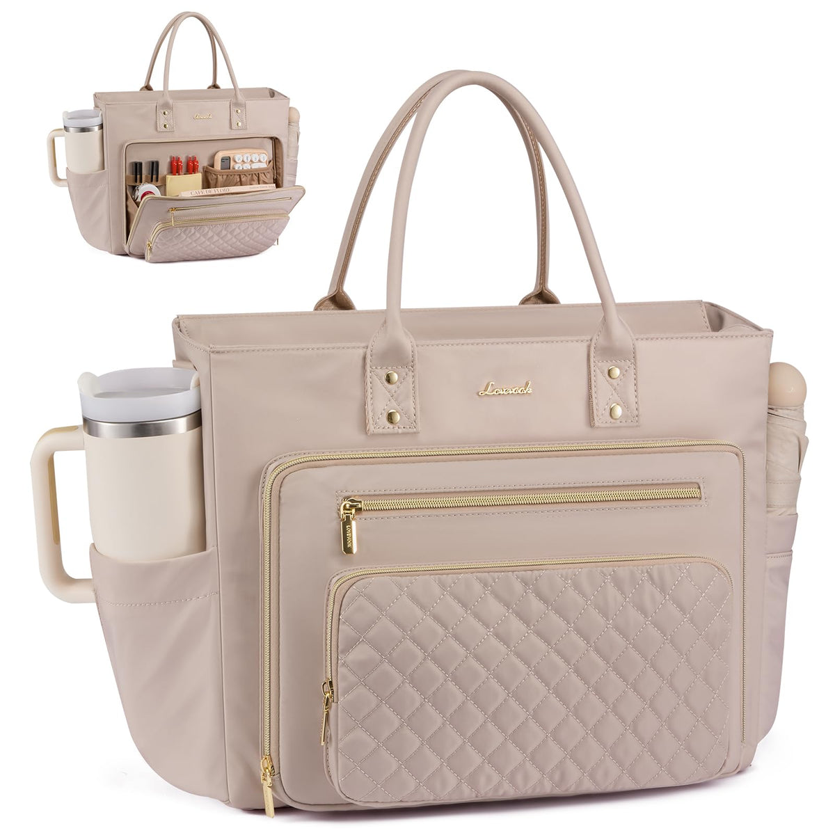 Liore Bags Professional Laptop Tote Bag for Women - 15.6" Work Briefcase with 40oz Cup Holder (Black/Beige/Brown)