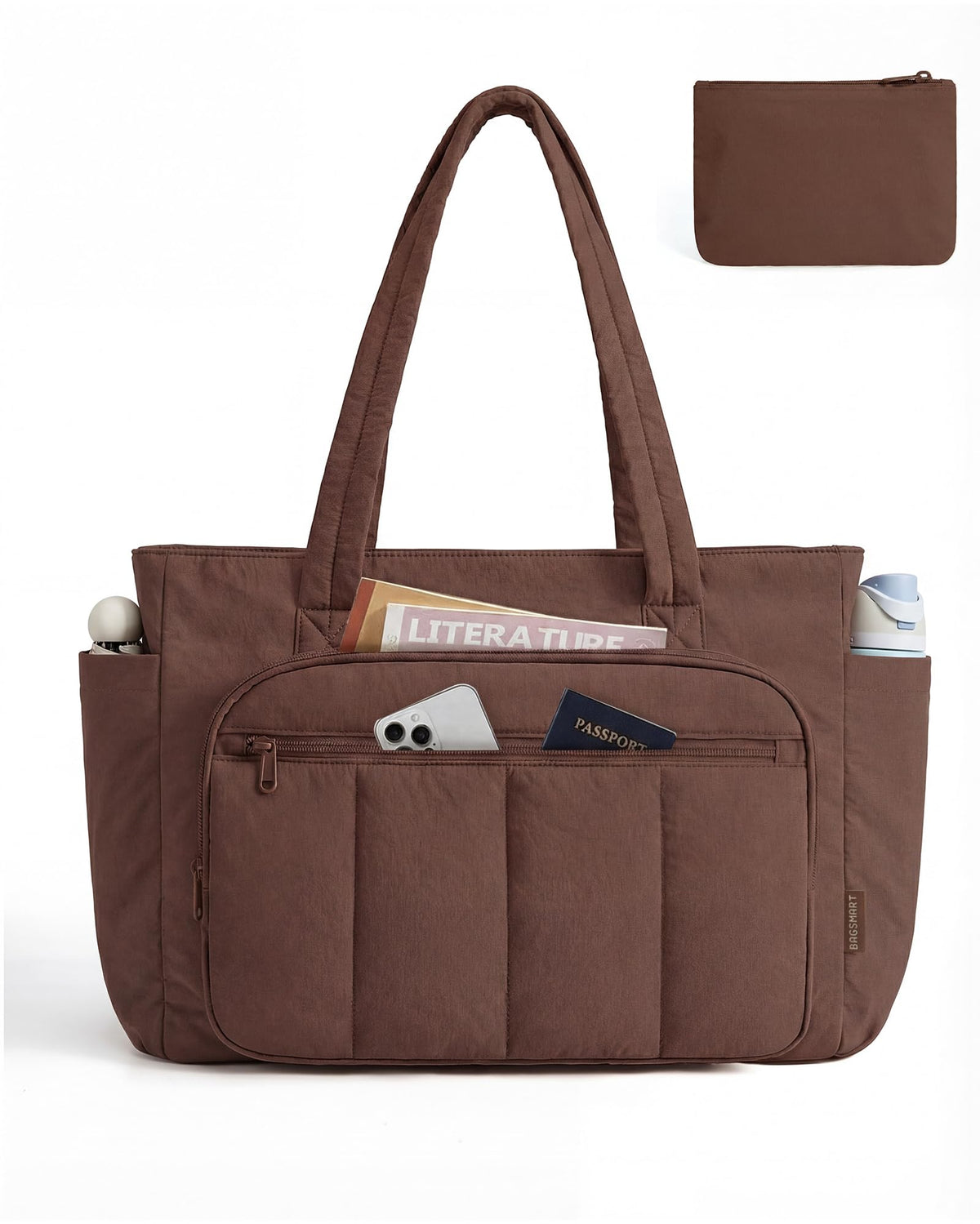 Liore Bags Quilted Puffer Tote Bag Set - 2-Piece Zipper Handbag & Matching Pouch for Work, Travel & College (Camel)