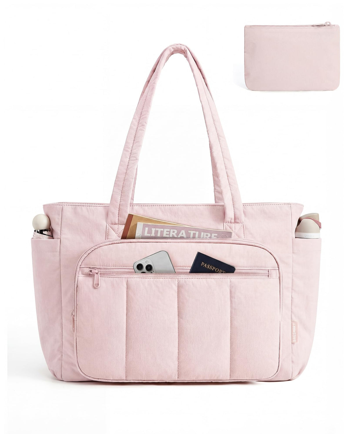 Liore Bags Quilted Puffer Tote Bag Set - 2-Piece Zipper Handbag & Matching Pouch for Work, Travel & College (Camel)