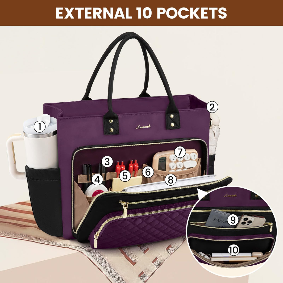 Liore Bags Professional Laptop Tote Bag for Women - 15.6" Work Briefcase with 40oz Cup Holder (Black/Beige/Brown)