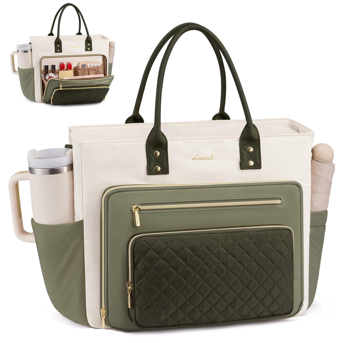 Liore Bags Professional Laptop Tote Bag for Women - 15.6" Work Briefcase with 40oz Cup Holder (Black/Beige/Brown)