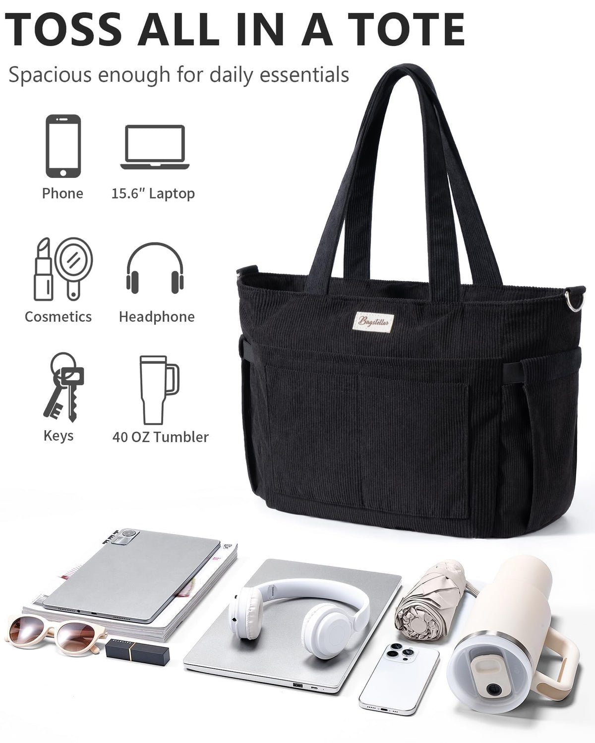 Liore Bags Premium Corduroy Tote Bag - 17-Pocket Laptop & Work Crossbody Purse for Women