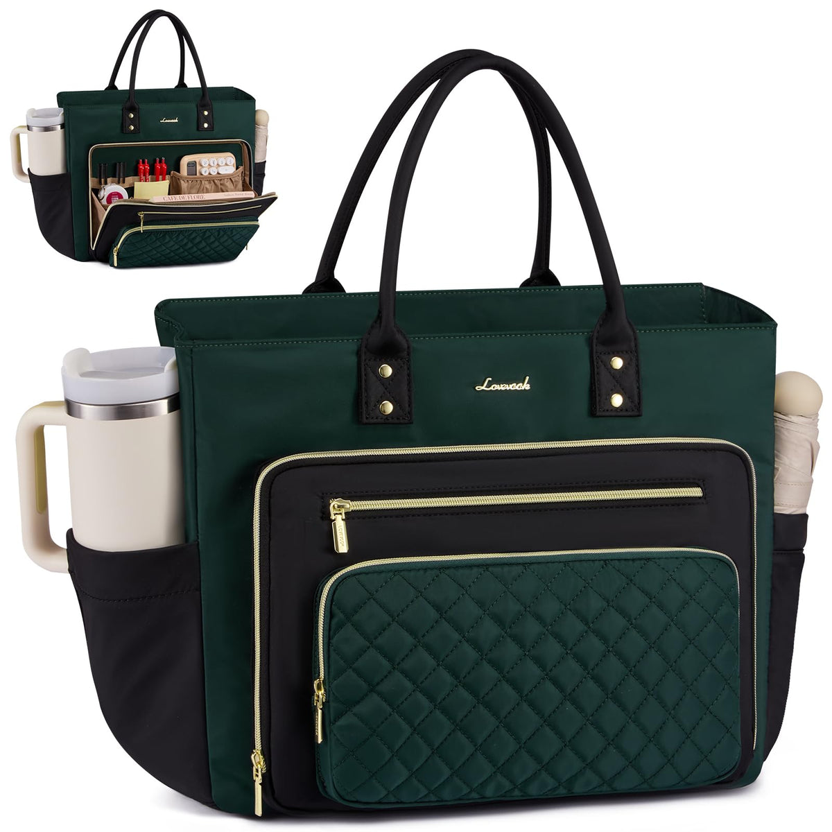 Liore Bags Professional Laptop Tote Bag for Women - 15.6" Work Briefcase with 40oz Cup Holder (Black/Beige/Brown)