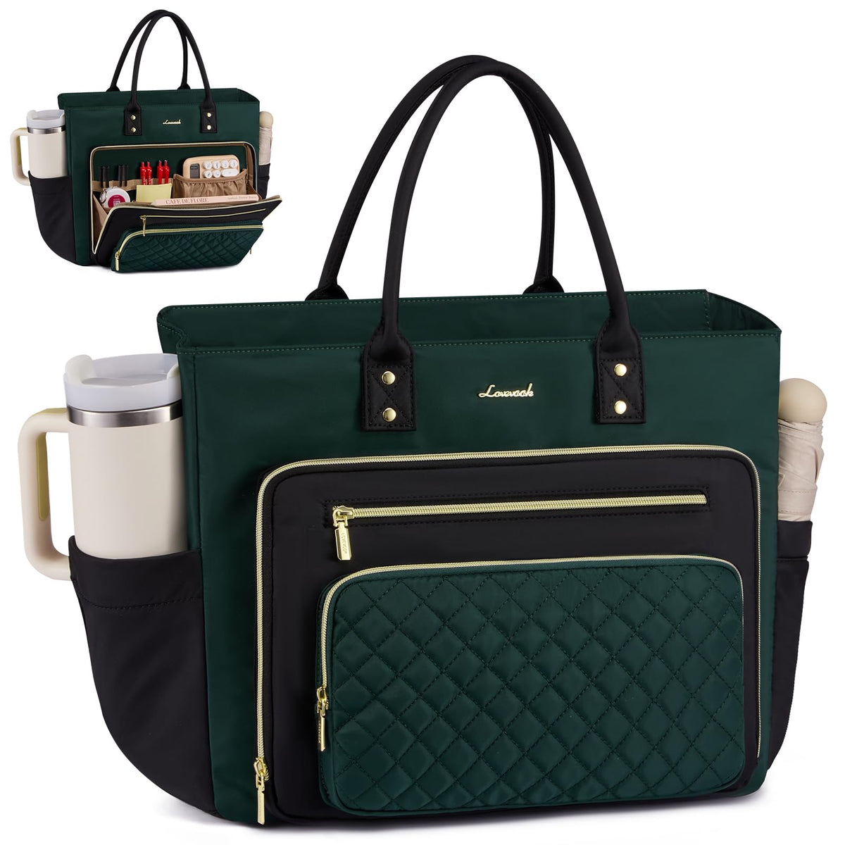 Liore Bags Professional Laptop Tote Bag for Women - 15.6" Work Briefcase with 40oz Cup Holder (Black/Beige/Brown)