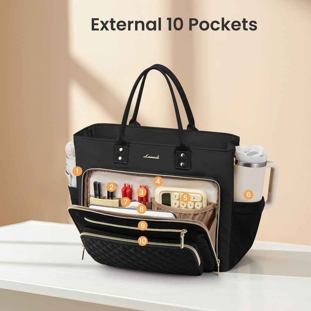 Liore Bags Professional Laptop Tote Bag for Women - 15.6" Work Briefcase with 40oz Cup Holder (Black/Beige/Brown)
