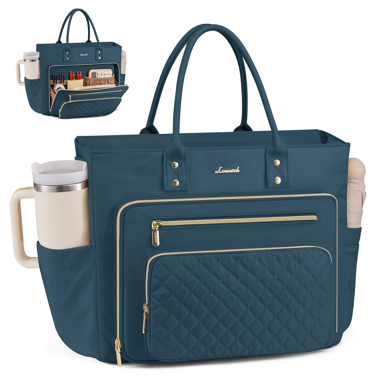 Liore Bags Professional Laptop Tote Bag for Women - 15.6" Work Briefcase with 40oz Cup Holder (Black/Beige/Brown)