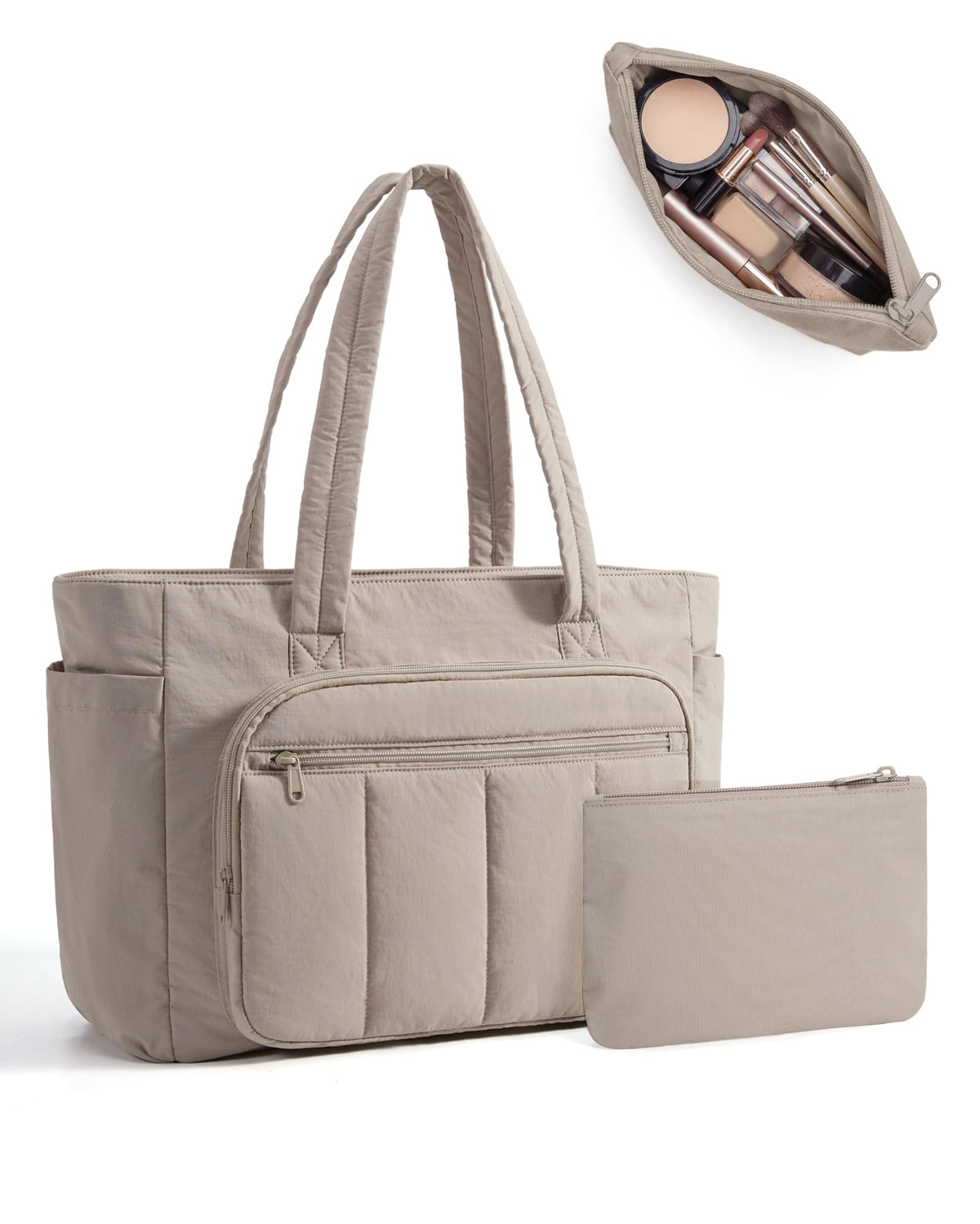 Liore Bags Quilted Puffer Tote Bag Set - 2-Piece Zipper Handbag & Matching Pouch for Work, Travel & College (Camel)
