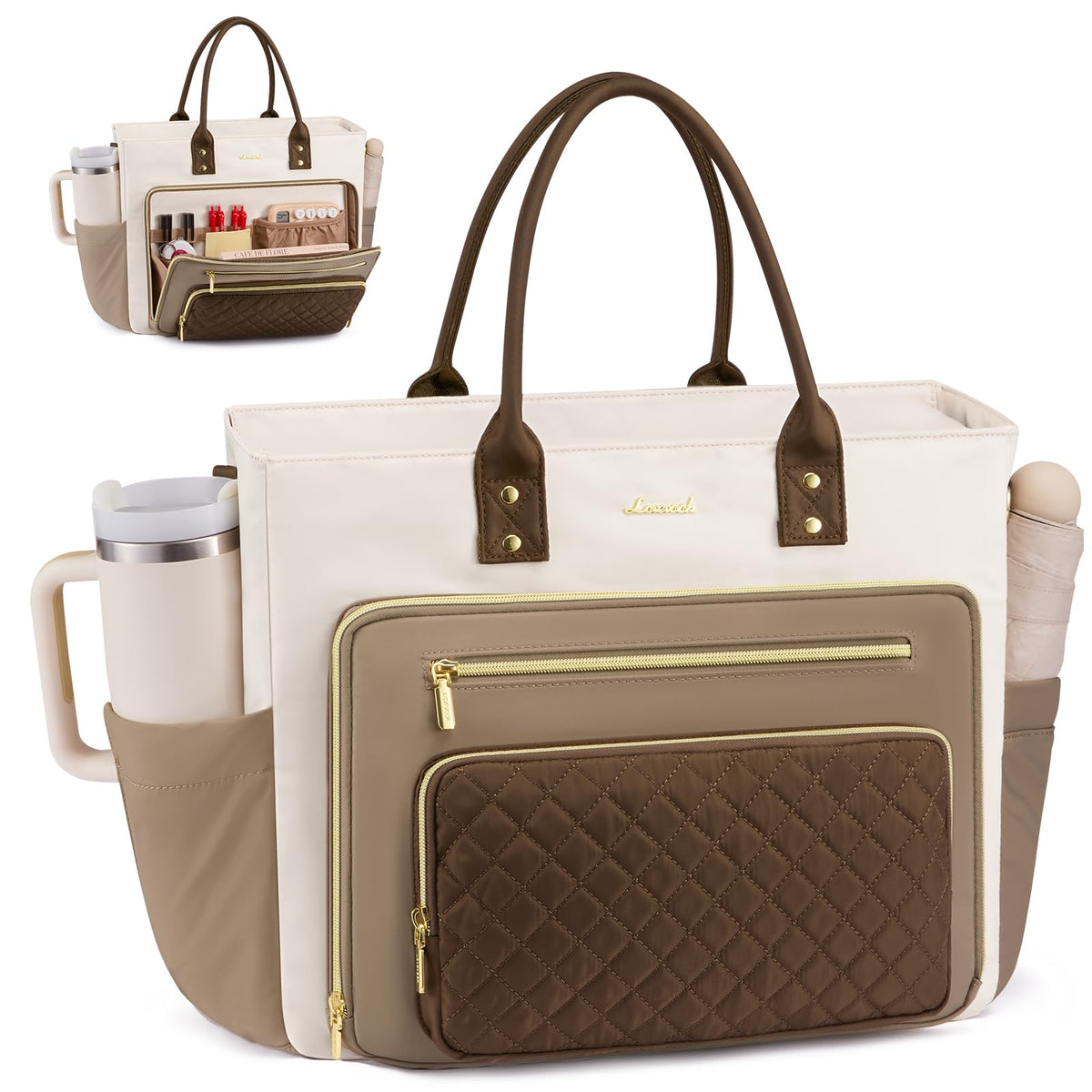 Liore Bags Professional Laptop Tote Bag for Women - 15.6" Work Briefcase with 40oz Cup Holder (Black/Beige/Brown)