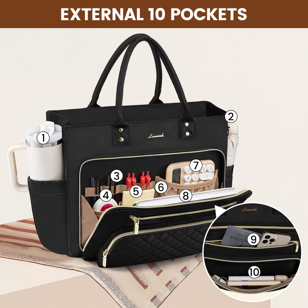 Liore Bags Professional Laptop Tote Bag for Women - 15.6" Work Briefcase with 40oz Cup Holder (Black/Beige/Brown)
