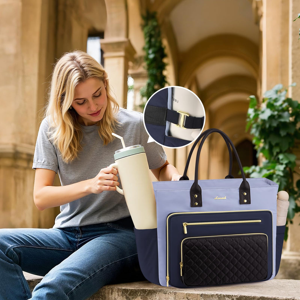 Liore Bags Professional Laptop Tote Bag for Women - 15.6" Work Briefcase with 40oz Cup Holder (Black/Beige/Brown)