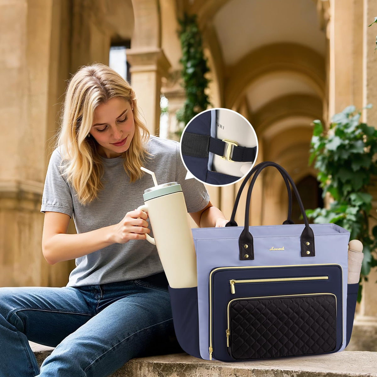 Liore Bags Professional Laptop Tote Bag for Women - 15.6" Work Briefcase with 40oz Cup Holder (Black/Beige/Brown)
