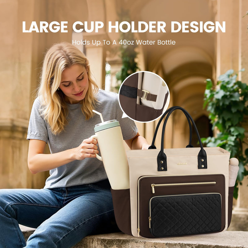 Liore Bags Professional Laptop Tote Bag for Women - 15.6" Work Briefcase with 40oz Cup Holder (Black/Beige/Brown)