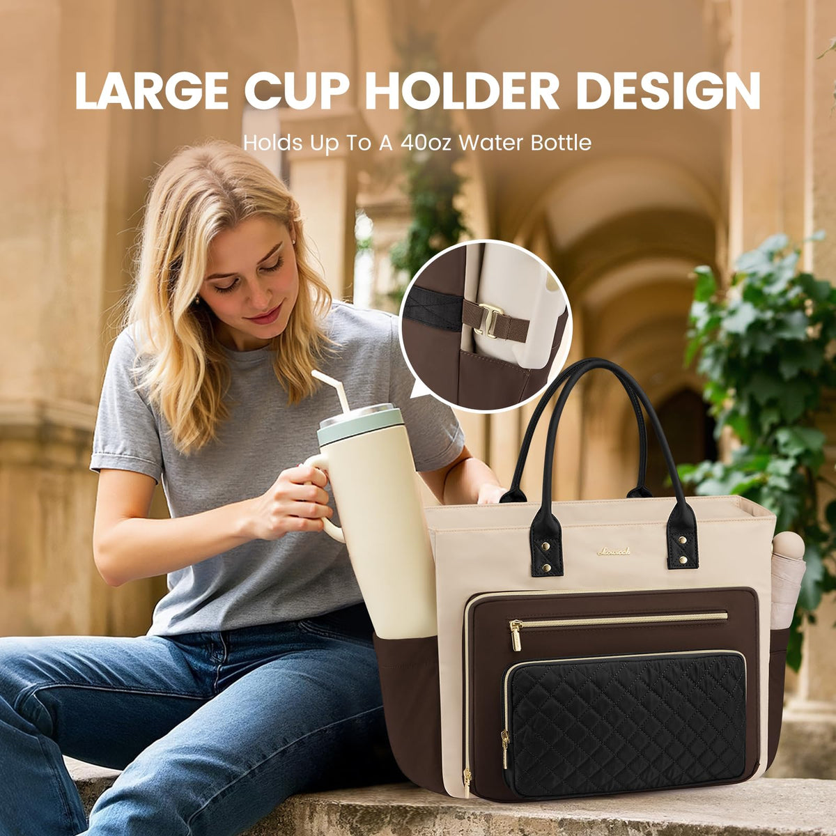 Liore Bags Professional Laptop Tote Bag for Women - 15.6" Work Briefcase with 40oz Cup Holder (Black/Beige/Brown)