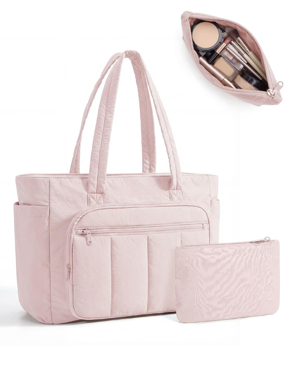 Liore Bags Quilted Puffer Tote Bag Set - 2-Piece Zipper Handbag & Matching Pouch for Work, Travel & College (Camel)