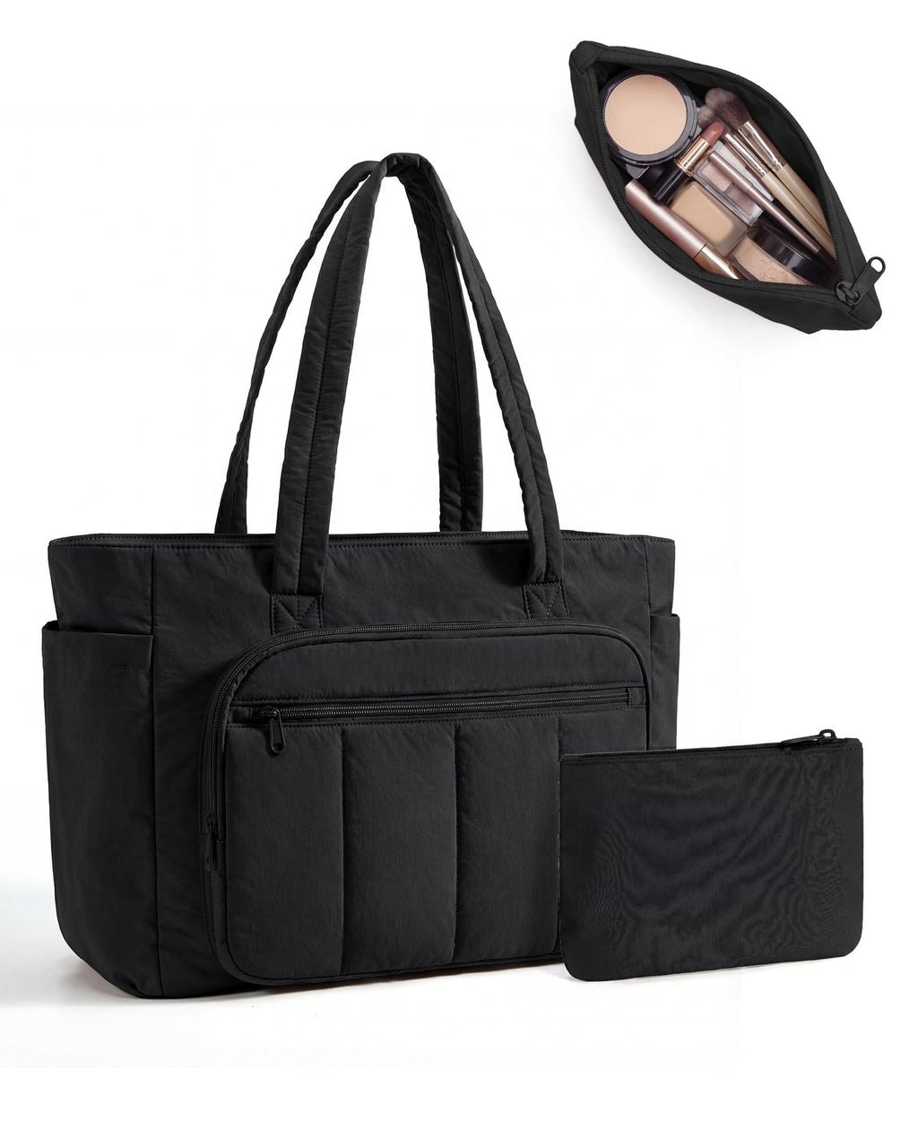 Liore Bags Quilted Puffer Tote Bag Set - 2-Piece Zipper Handbag & Matching Pouch for Work, Travel & College (Camel)